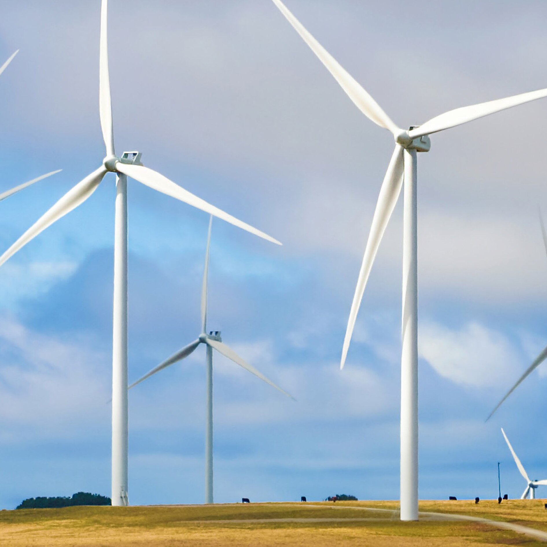 Wind turbines on a hill against a cloudy sky.